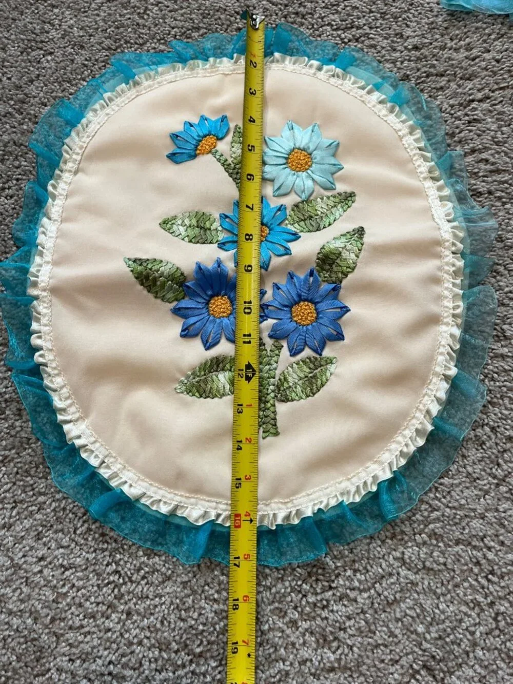 Vtg 3-Piece Bathroom Set Ribbon Embroidery Floral Ruffles Teal Blue Grannycore